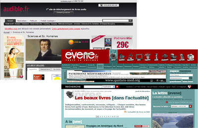 captures écran des sites Evene.fr et Audible.fr